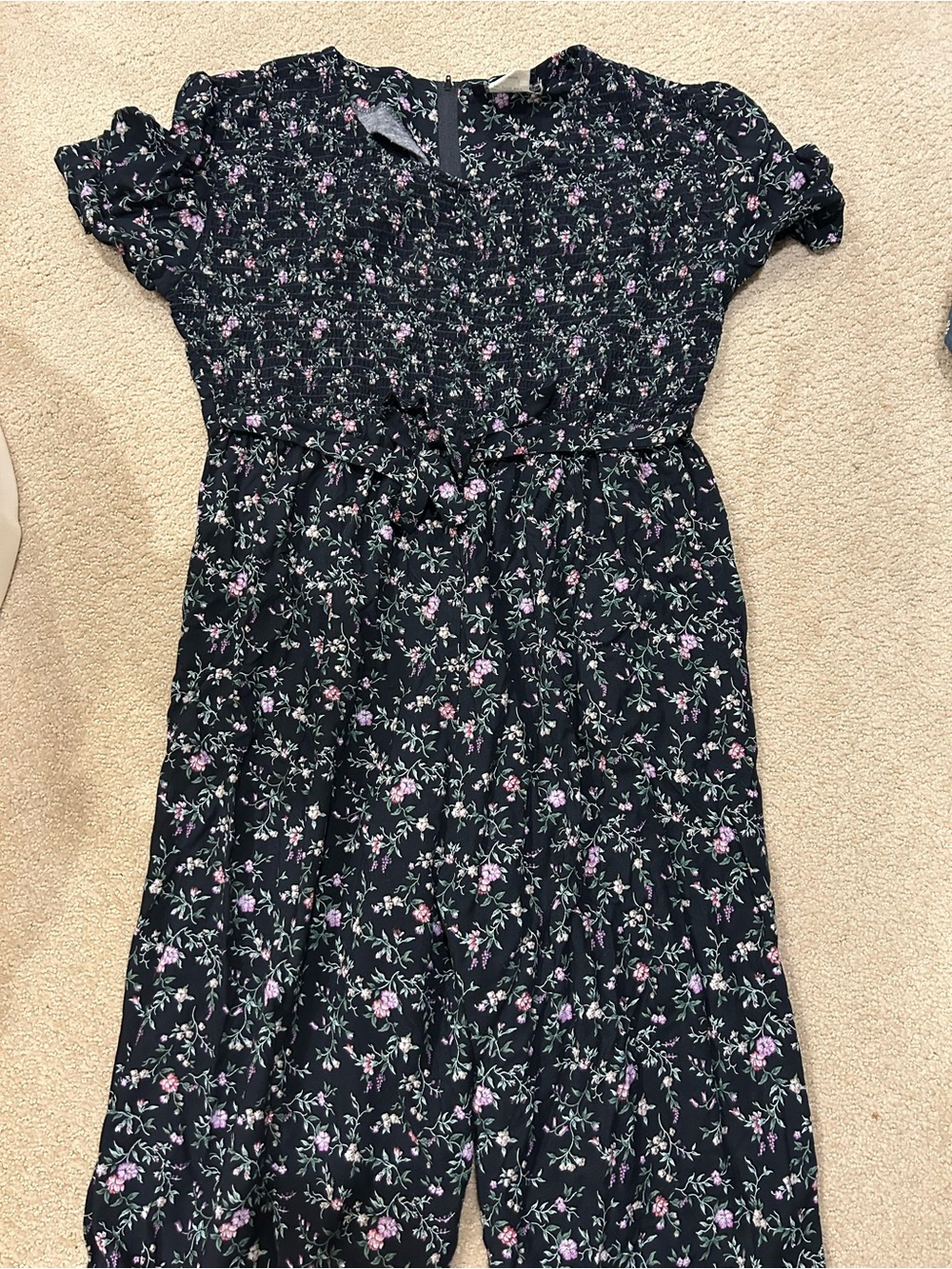 Navy Floral Short Sleeve Jumpsuit with Tie Waist